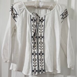 White Blouse with Navy Embroidery